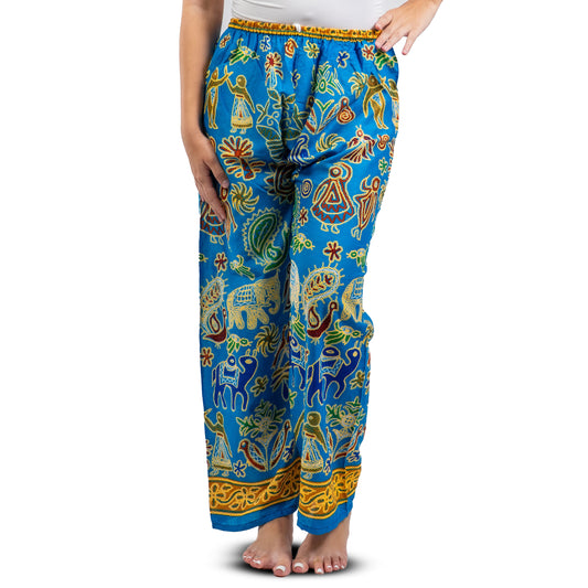 Pantalon bleu fluide imprimé bohème coupe droite